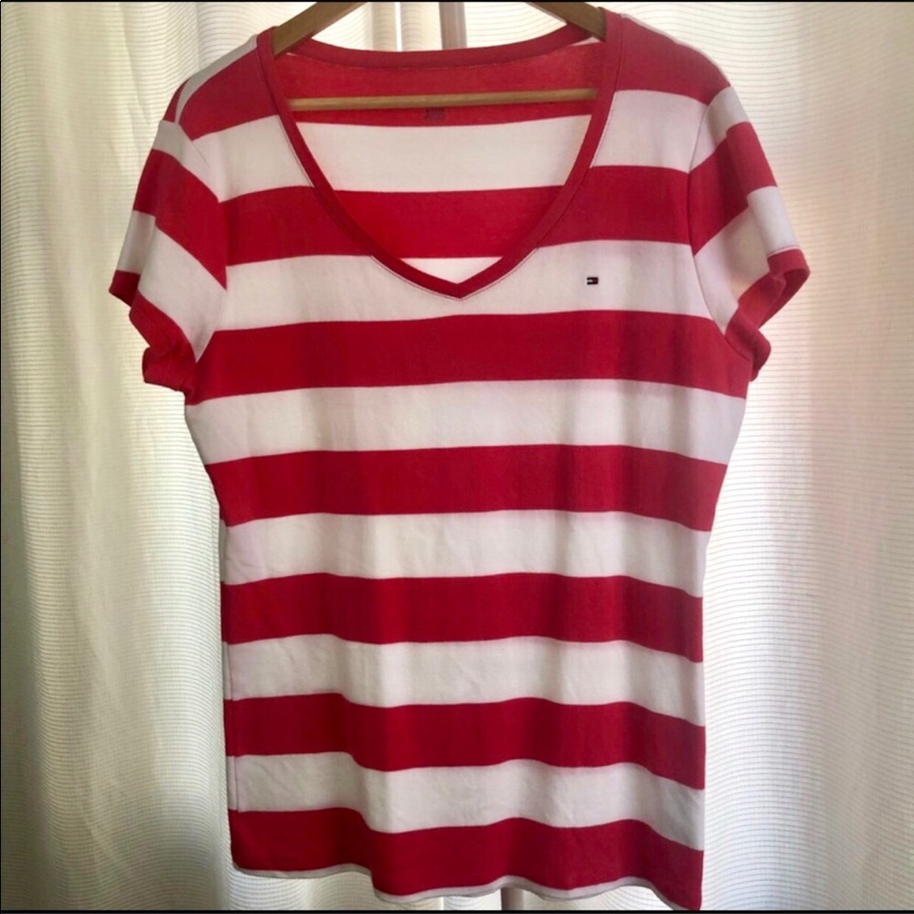Tommy Hilfiger V-Neck Pink/White Stripe T-Shirt